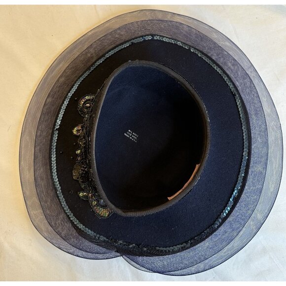Vintage Mr. Hi’s 80\'s Navy Blue Flower Sequins Derby Hat Mesh Wool Made In USA main image 7